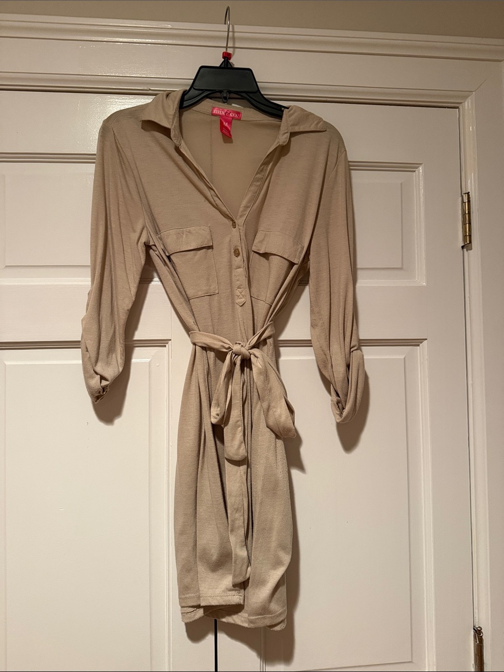 Tie-Waist Beige Mini Shirt Dress